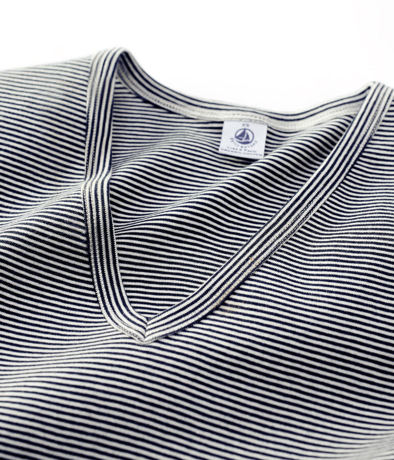 Camiseta ICONICA de algod&oacute;n con cuello de pico para mujer azul/blanco