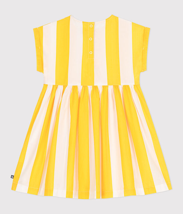 Vestido infantil de algod&oacute;n de manga corta a rayas blanco/amarillo