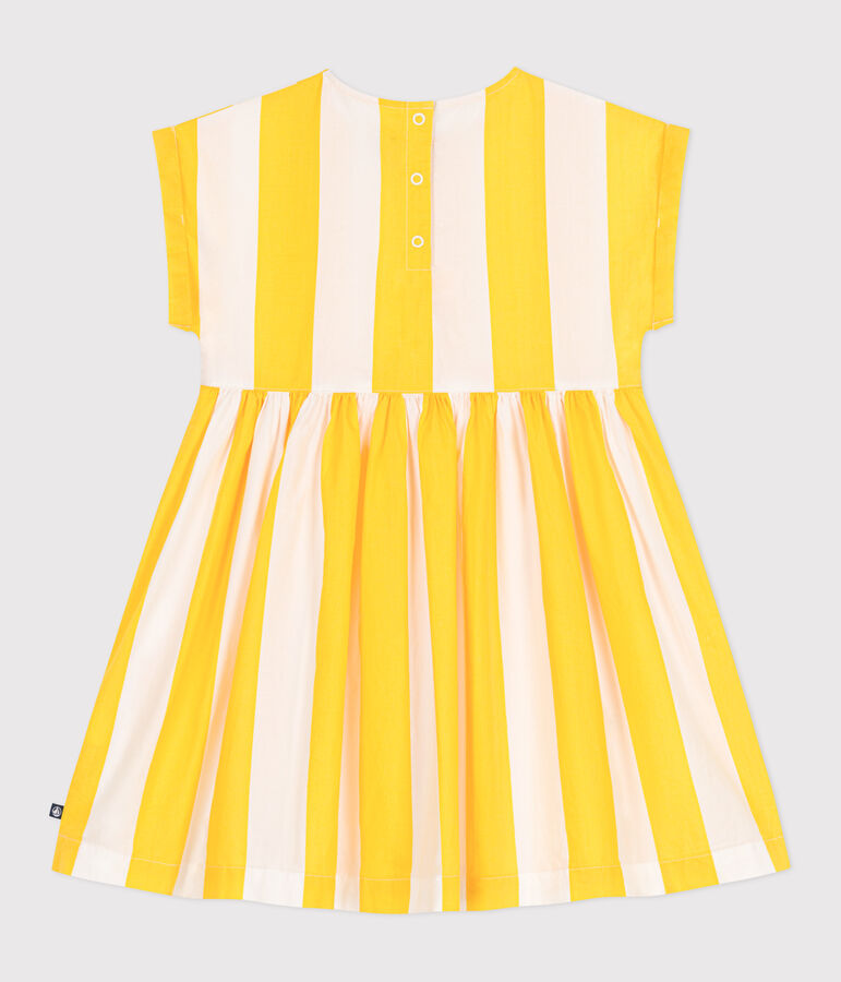 Vestido infantil de algod&oacute;n de manga corta a rayas blanco/amarillo