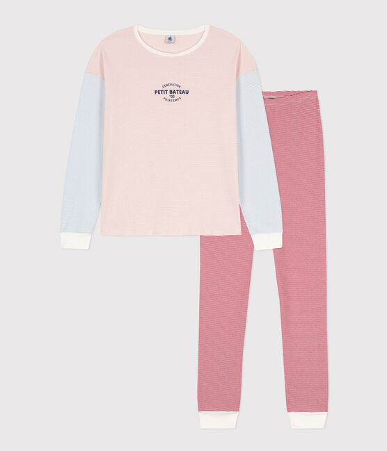 Pijama de algodón milrayas tricolor para mujer blanco MARSHMALLOW/blanco MULTICO