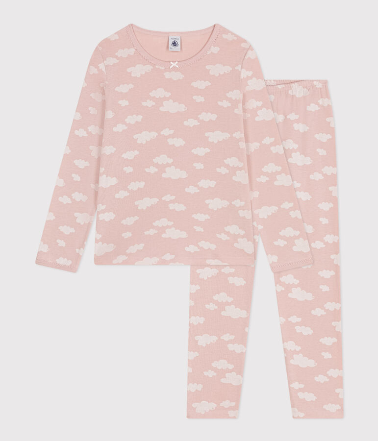 Pijama infantil de algod&oacute;n con estampado de nubes rosa/blanco