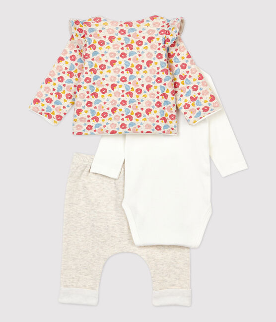 Conjunto de 3 prendas con estampado de flores de bebé niña de lana y algodón orgánico beige MONTELIMAR/blanco MULTICO