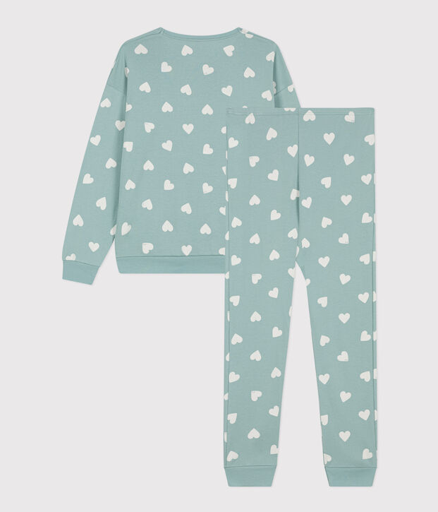 Pijama de algod&oacute;n con coraz&oacute;n para mujer verde/crudo