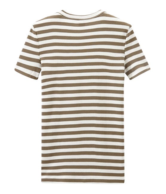 Camiseta de mujer en canalé original de rayas marron SHITAKE/blanco MARSHMALLOW