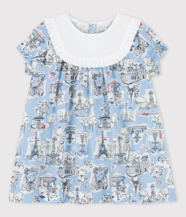 Vestido con estampado de Par&iacute;s de popelina para beb&eacute; blanco/multicolor