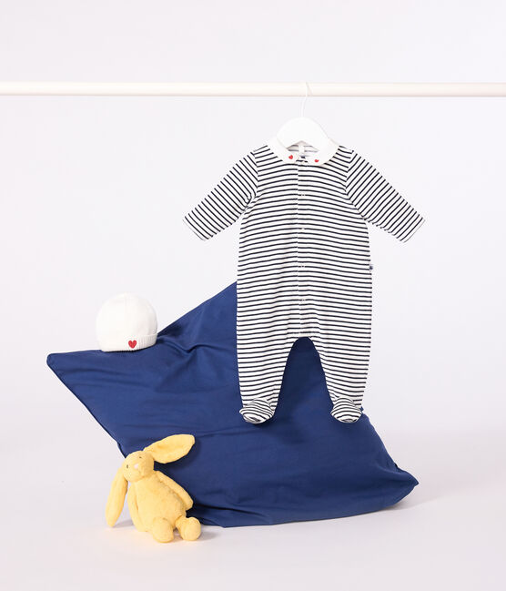 Pijama de terciopelo con cuello estampado para bebé blanco MARSHMALLOW/azul SMOKING
