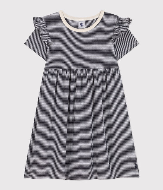 Vestido de manga corta de algodón a rayas para niña azul SMOKING/blanco MARSHMALLOW