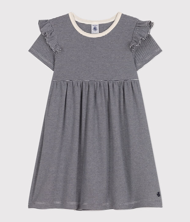 Vestido de manga corta de algod&oacute;n a rayas para ni&ntilde;a azul/blanco