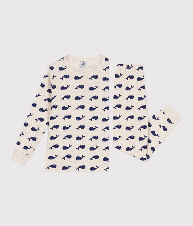 Pijama infantil de algod&oacute;n con estampado de ballenas beige/azul
