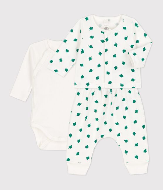 Conjunto de 2 piezas con estampado vegetal de muletón ecológico de bebé blanco MARSHMALLOW/verde GAZON