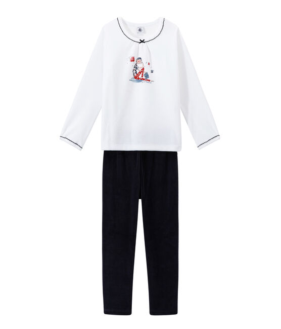 Pijama de terciopelo para niña azul SMOKING/blanco ECUME