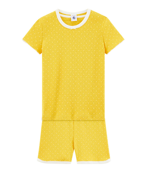 Pijama corto de punto para ni&ntilde;a amarillo/blanco