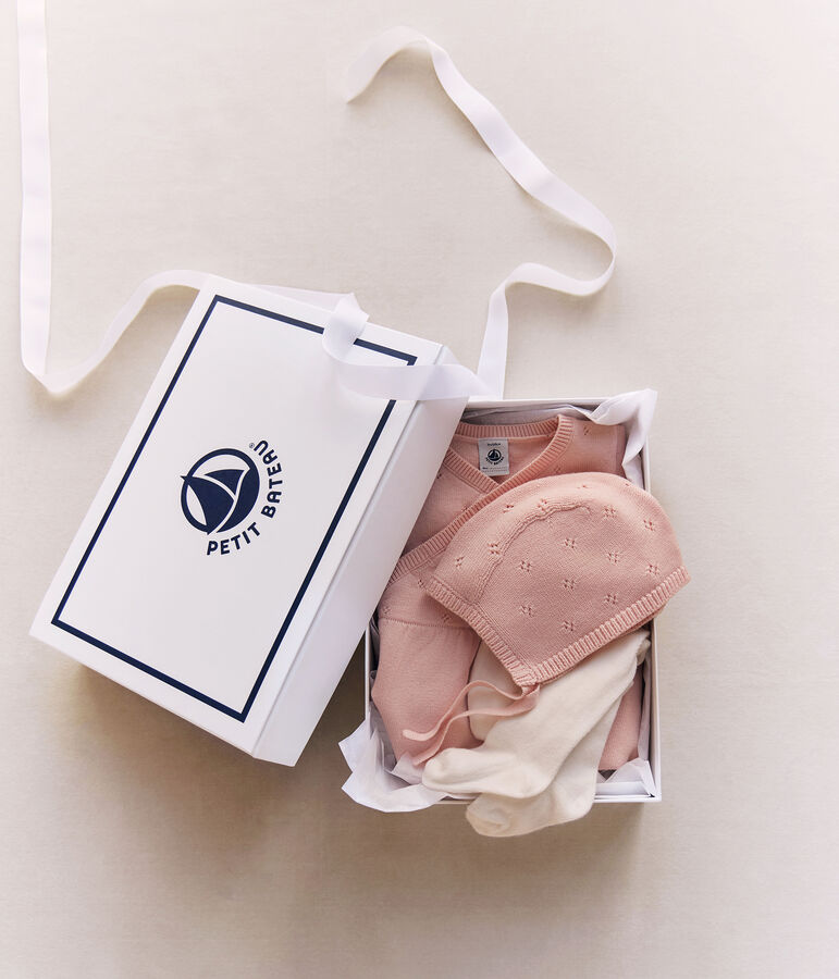 Conjunto de regalo para beb&eacute; de punto tricotado con capota, pelele y leotardos multicolor