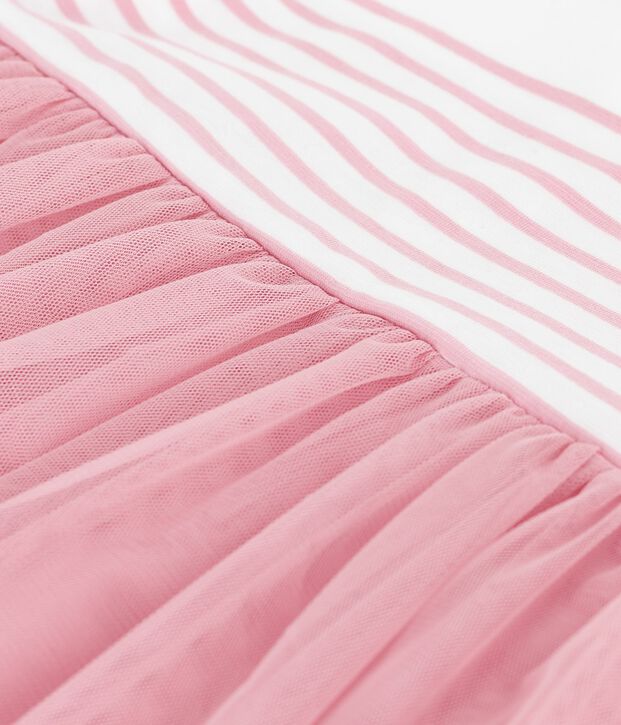 Vestido de manga corta de algod&oacute;n y tul con parte superior a rayas para beb&eacute; blanco/rosa