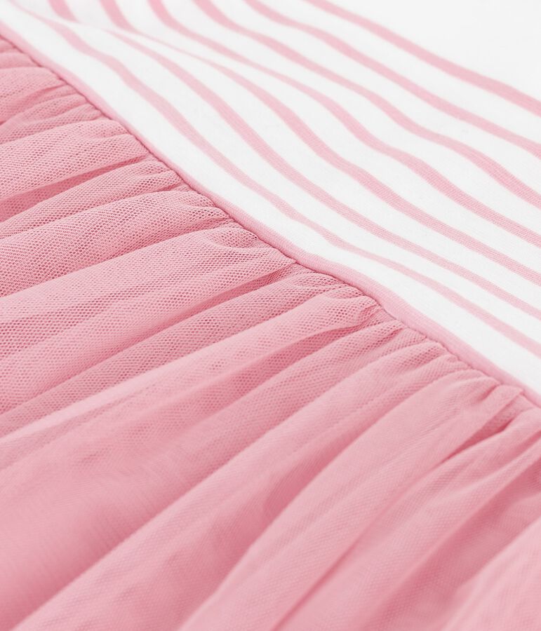 Vestido de manga corta de algod&oacute;n y tul con parte superior a rayas para beb&eacute; blanco/rosa