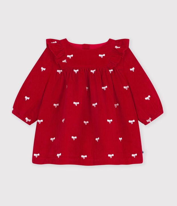 Vestido de terciopelo de manga larga con bordados de lazos para beb&eacute; rojo/crudo