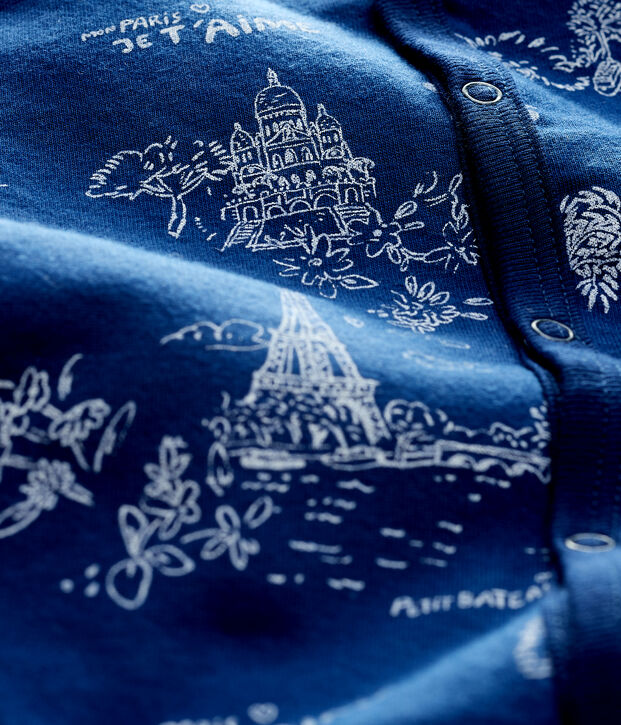 Pijama enterizo de tela de Jouy Par&iacute;s en tejido tubular de beb&eacute; azul/blanco