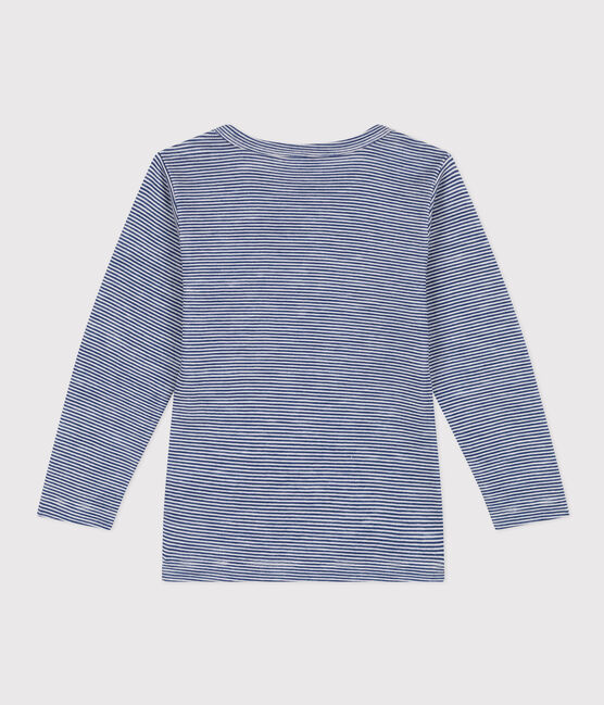 Camiseta infantil de manga larga de lana y algodón a rayas azul MEDIEVAL/blanco MARSHMALLOW