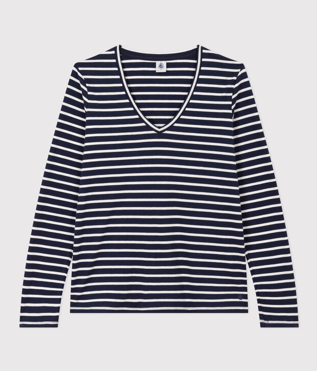 Camiseta LA RECTA de algod&oacute;n con cuello de pico para mujer azul/blanco