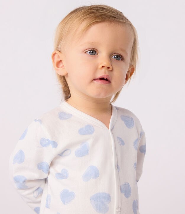 Pijama de felpa cepillada con cuello estampado de corazones para beb&eacute; blanco/azul