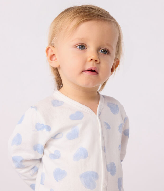 Pijama de felpa cepillada con cuello estampado de corazones para beb&eacute; blanco/azul