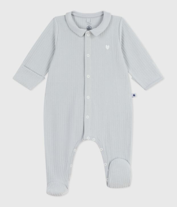 Pijama de terciopelo con cuello liso para beb&eacute; azul