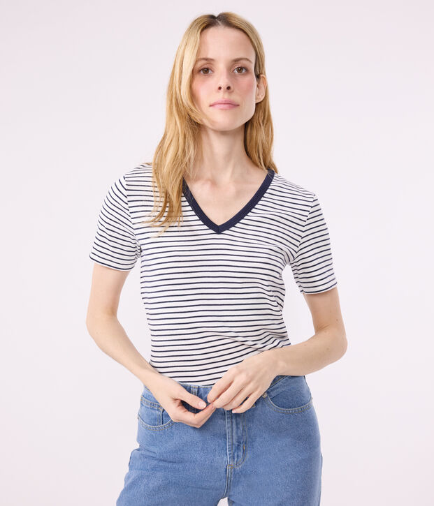 Camiseta La Ic&oacute;nica de algod&oacute;n a rayas con cuello de pico para mujer blanco/azul