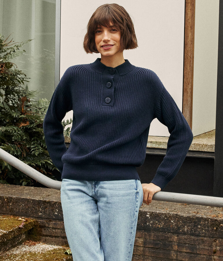 Jersey de algod&oacute;n con botones en el cuello para mujer azul
