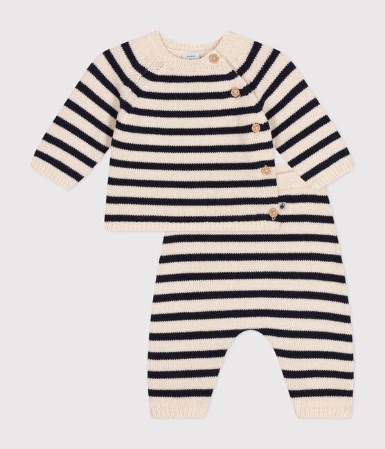Conjunto de punto de lana y algodón a rayas marineras para bebé blanco AVALANCHE/azul SMOKING