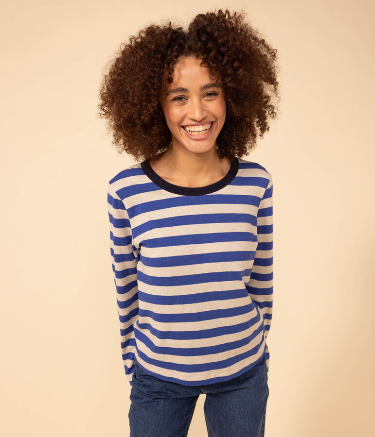 Camiseta LA RECTA de algod&oacute;n con cuello redondo para mujer azul/gris