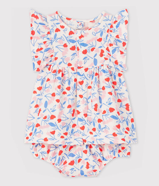 Vestido sin mangas de flores con braguitas bloomer de bebé niña de tela de pañal de algodón ecológico rosa FLEUR/blanco MULTICO