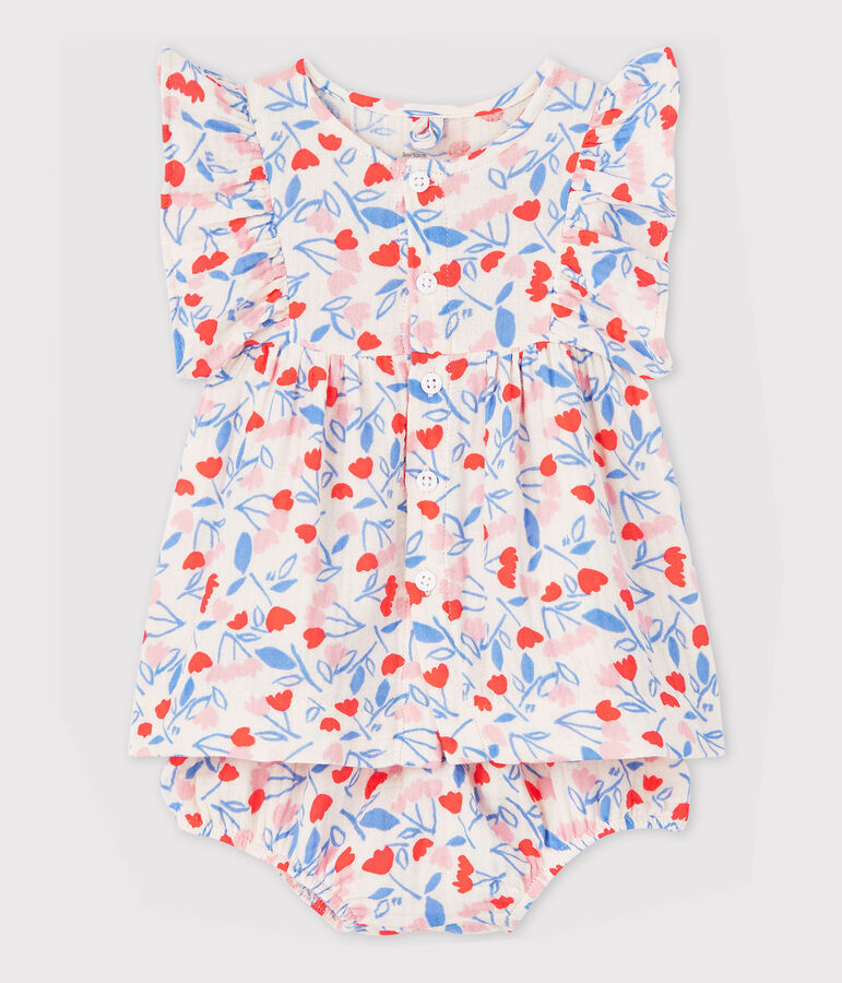Vestido sin mangas de flores con braguitas bloomer de beb&eacute; ni&ntilde;a de tela de pa&ntilde;al de algod&oacute;n ecol&oacute;gico rosa FLEUR/blanco MULTICO