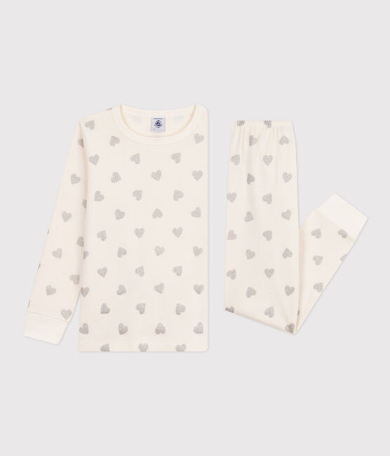 Pijama infantil de algodón con estampado de corazones plateados crudo MILK/ ARGENT