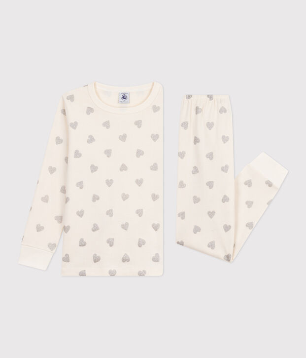 Pijama infantil de algod&oacute;n con estampado de corazones plateados crudo/gris