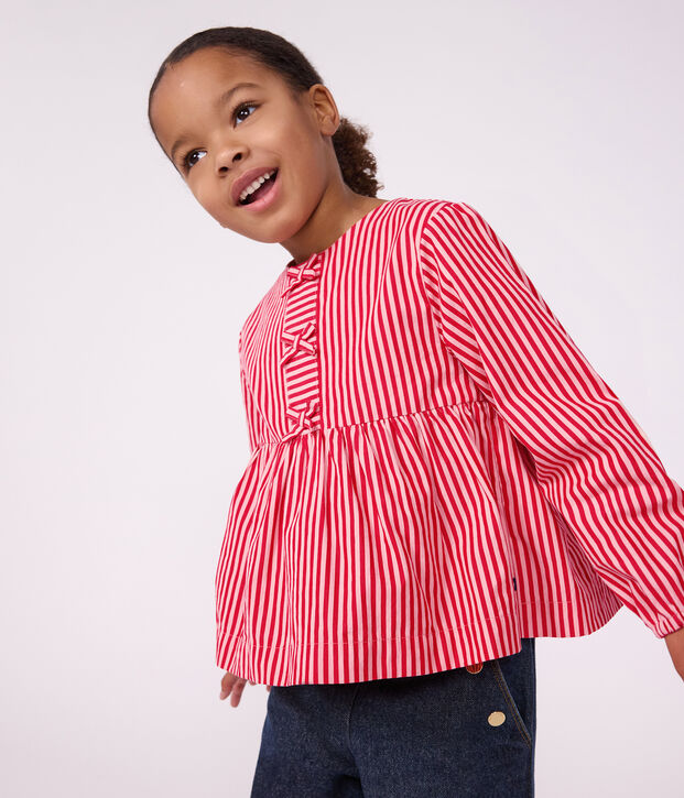 Blusa infantil de manga larga de algod&oacute;n a rayas rosa/rosa