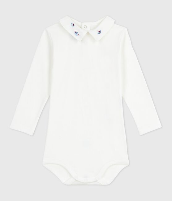Body de algodón liso con cuello bordado para bebé blanco MARSHMALLOW