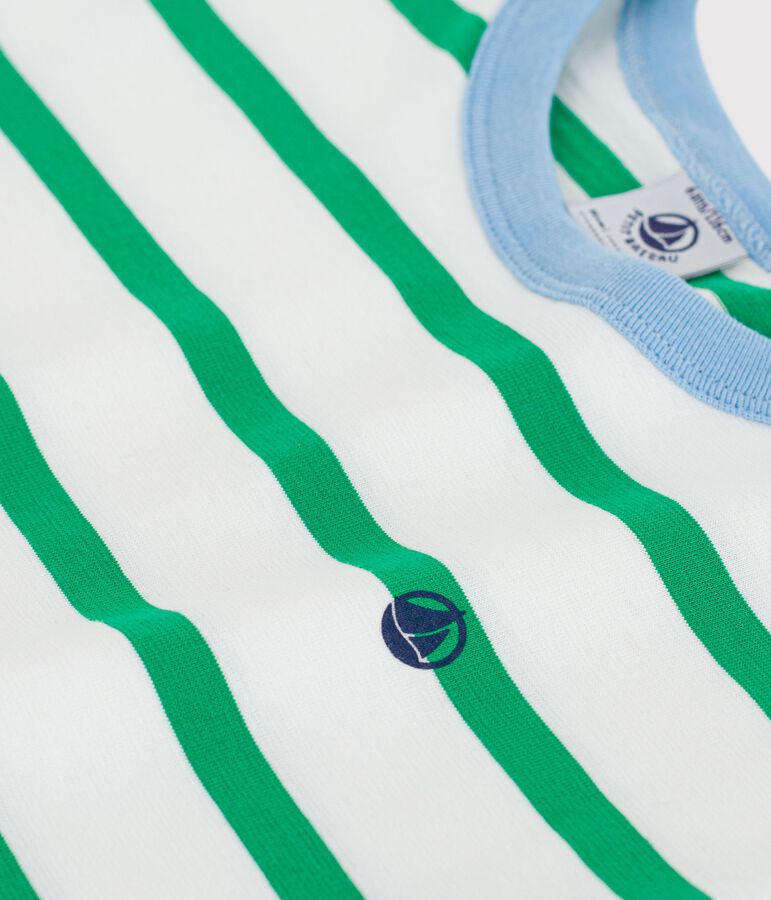 Camiseta infantil de manga corta de algod&oacute;n a rayas blanco/verde