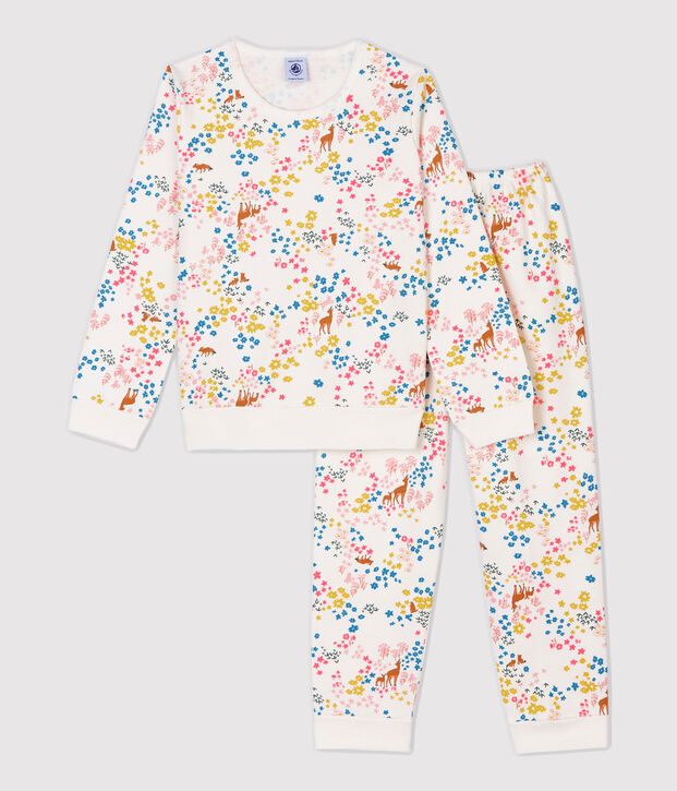 Pijama con estampado de flores de ni&ntilde;a de mulet&oacute;n blanco/multicolor