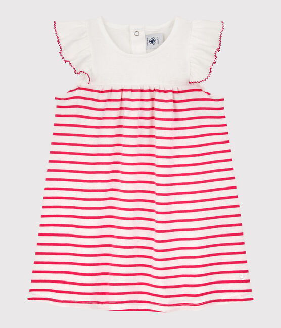 Vestido de manga corta de canalé de rayas de bebé niña blanco MARSHMALLOW/rosa GEISHA