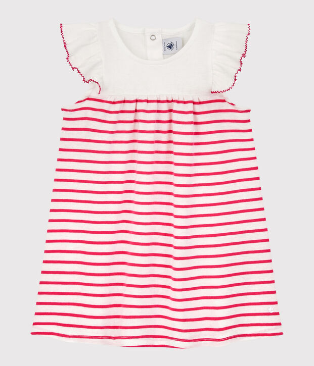 Vestido de manga corta de canal&eacute; de rayas de beb&eacute; ni&ntilde;a blanco/rosa