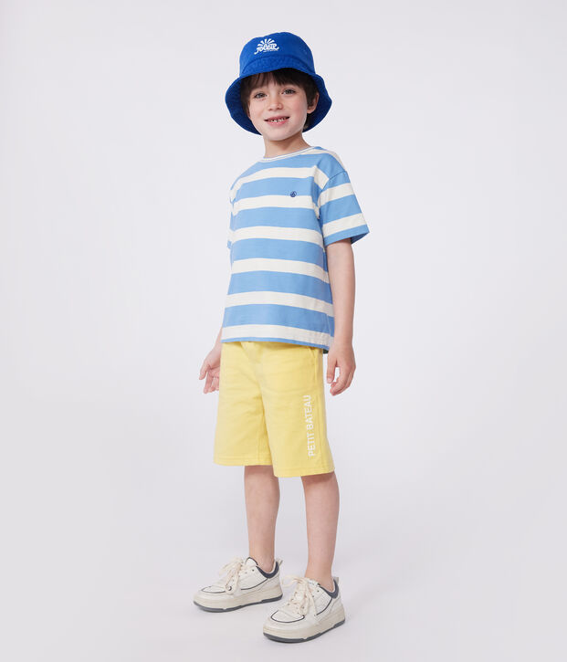 Camiseta infantil de manga corta de algod&oacute;n con rayas azul/crudo