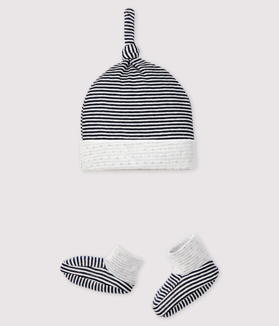 Juego de gorro de nacimiento y patucos a rayas de túbico para bebé variante 1