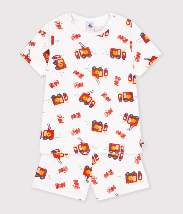 Pijama corto infantil de algod&oacute;n con estampado de bombero blanco/multicolor