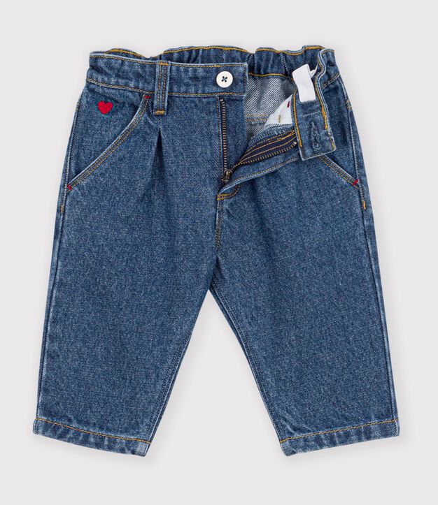 Pantal&oacute;n denim liso con bordado de coraz&oacute;n para beb&eacute; azul