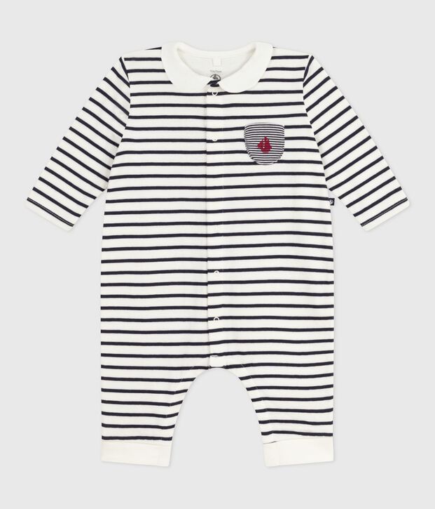 Mono a rayas marineras de algod&oacute;n con cuello para beb&eacute; blanco/azul