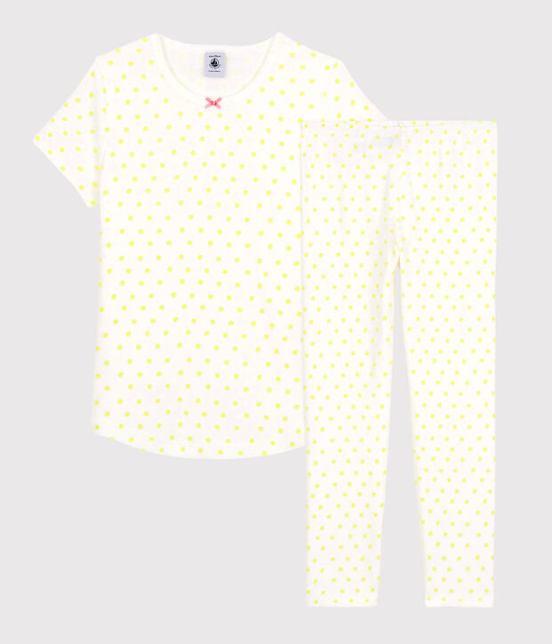 Pijama de lunares amarillos de algod&oacute;n de ni&ntilde;a blanco/amarillo