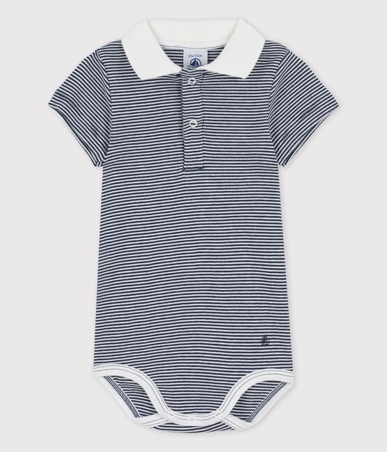Bodi de bebé con cuello de polo milrayas de algodón ecológico azul SMOKING/blanco MARSHMALLOW