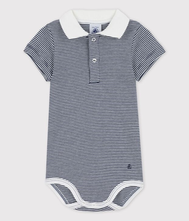 Bodi de beb&eacute; con cuello de polo milrayas de algod&oacute;n ecol&oacute;gico azul/blanco