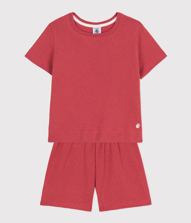 Pijama corto y liso de algod&oacute;n calado para ni&ntilde;a rosa