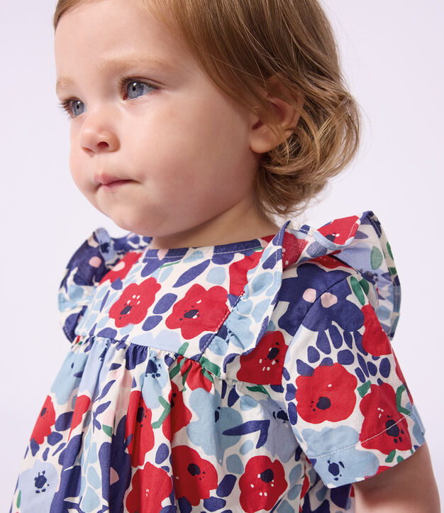 Vestido de algod&oacute;n de manga corta y pololo con estampado de flores para beb&eacute; blanco/multicolor